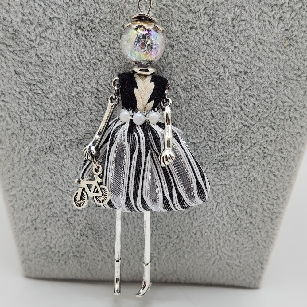 Fashionista Doll Necklace Silver Black White Bicycle Charm Pendant 28in